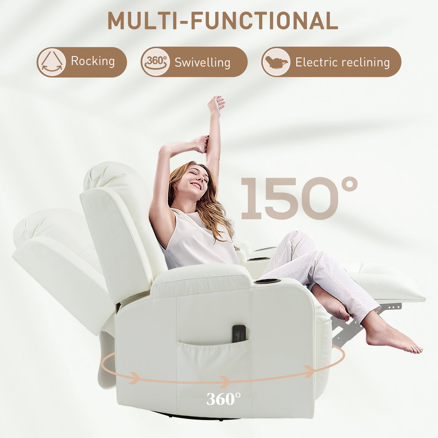 Swivel Massage Recliner Sofa, Overstuffed Manual Reclining Sofa, PU Leather Rocking Chair with Side Pockets, Cup Holders, for Living Room, Nursery, Cream White