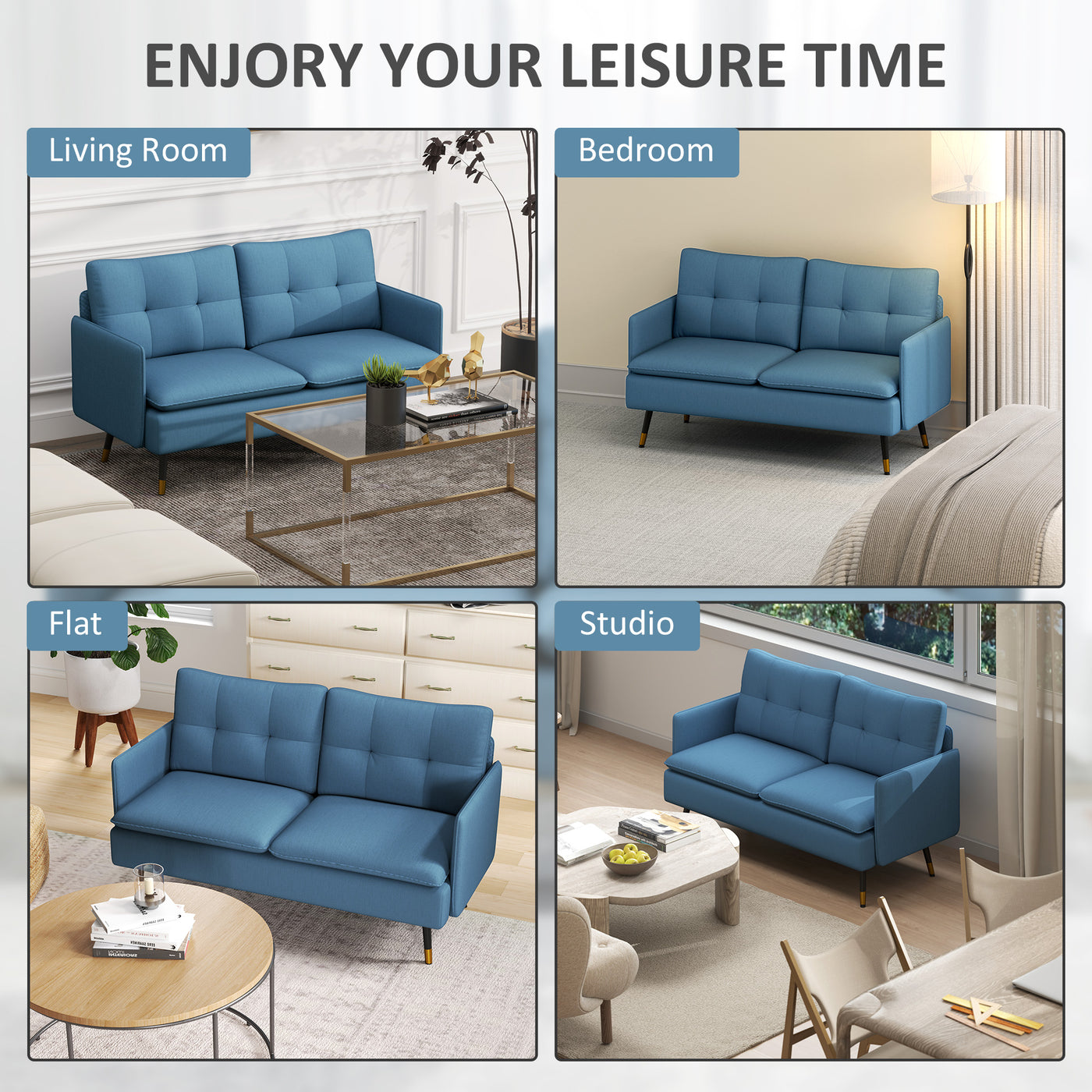 55" Loveseat Sofa, Linen Love Seat w/ S spring, Steel Legs and Button Tufting, Small Couch for Living Room, Dark Blue