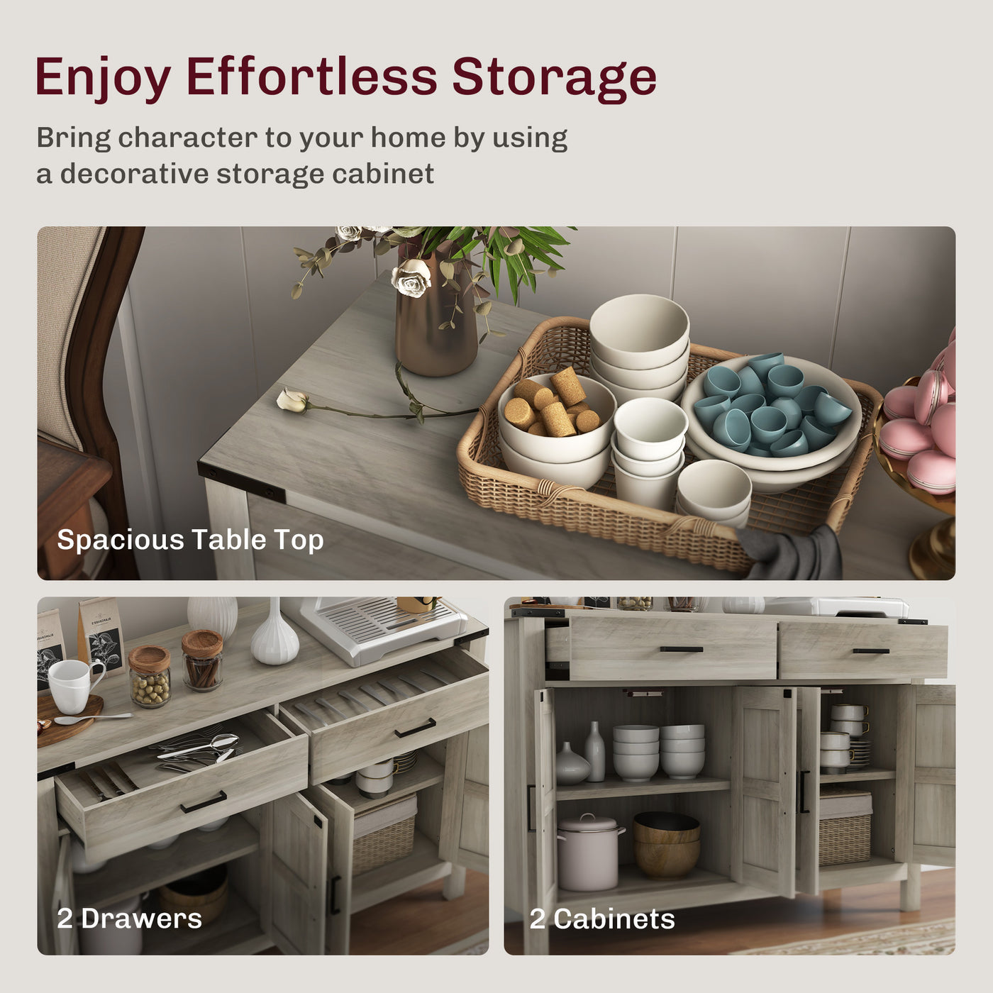 Side Cabinet, Farmhouse Kitchen Storage Cabinet w/ 2 Drawers and Shelves for Living Room, Entryway, Grey