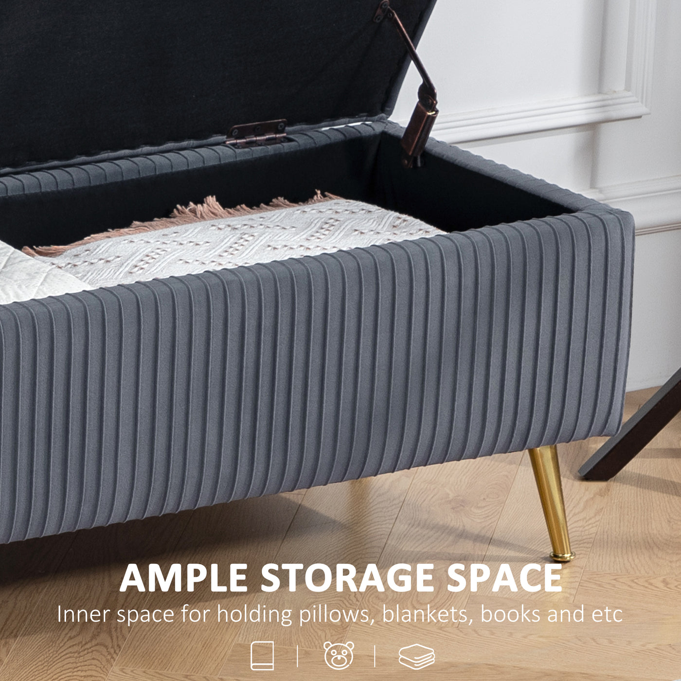 Storage Ottoman Bench, 43 Inch Large Storage Chest with Steel Legs and Padded Seat, Foot Rest, Load 485 lbs, Dark Grey