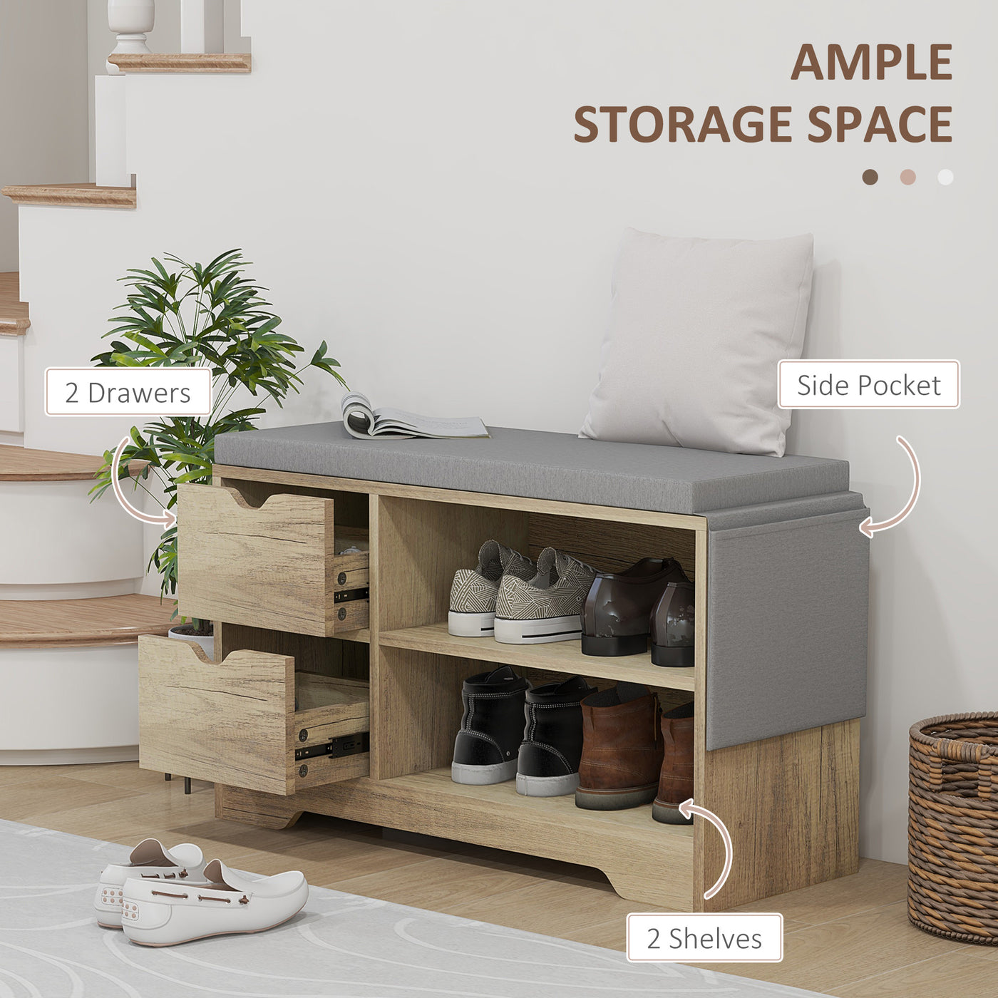 Upholstered Shoe Storage Bench w/ Seat, Entrance Bench w/ Drawer Open Shelves and Pocket for Hallway, Grey