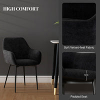 Dining Chairs Set of 2, Velvet-look Fabric Upholstered Kitchen Chairs with Backrest, Armrests and Steel Legs, Black