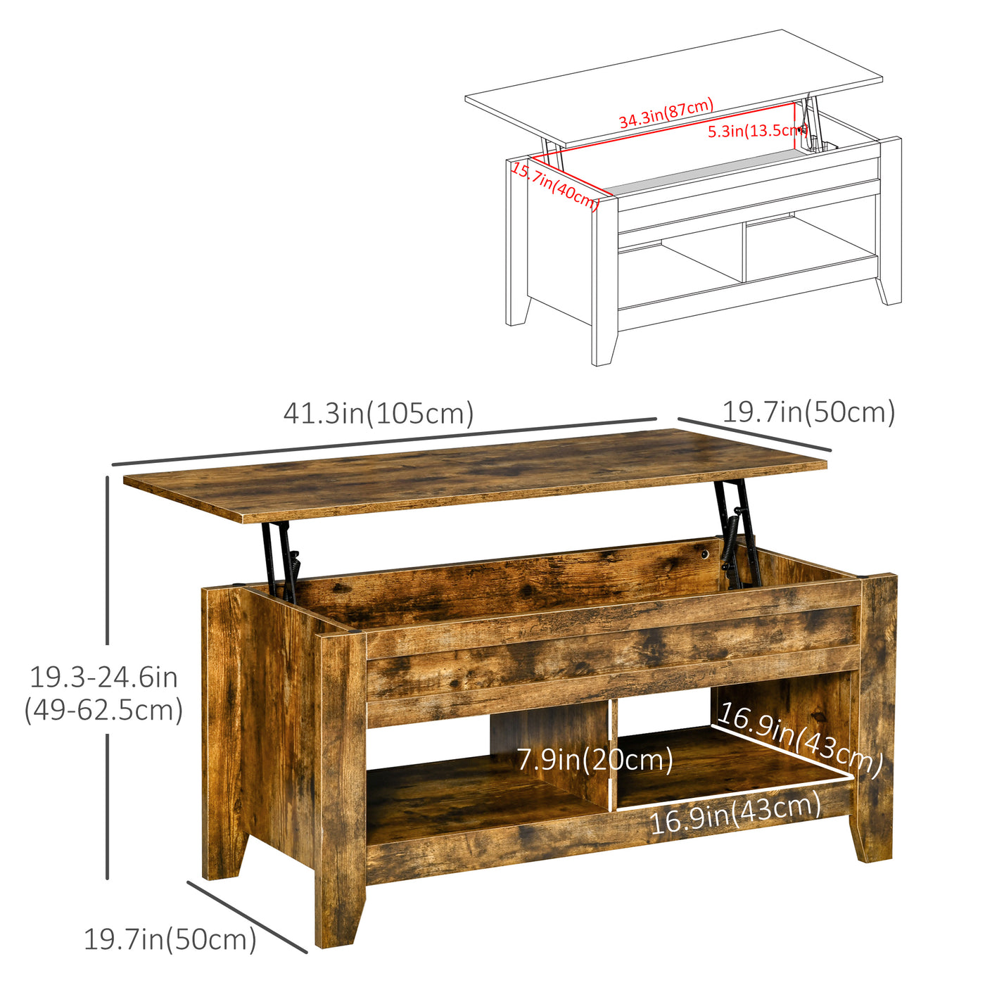 Lift Top Coffee Table with Hidden Storage Compartment and Open Shelves, Lift Tabletop Pop-Up Center Table for Living Room, Brown