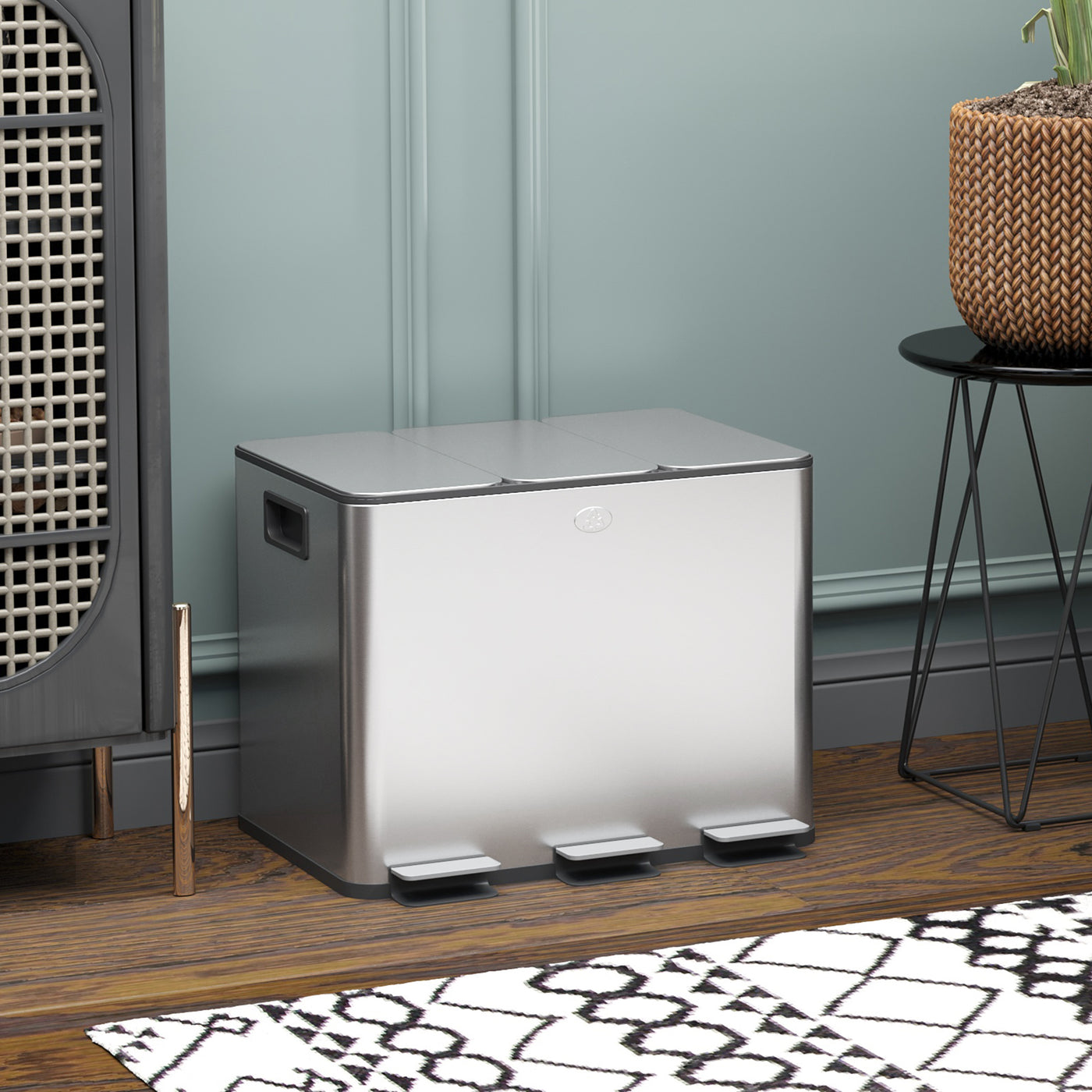 Garbage Bin, Soft-Close Trash Can with Foot Pedal, 3x5 Gallon (3x20 L) Garbage Can with Removable Inner Buckets, Silver