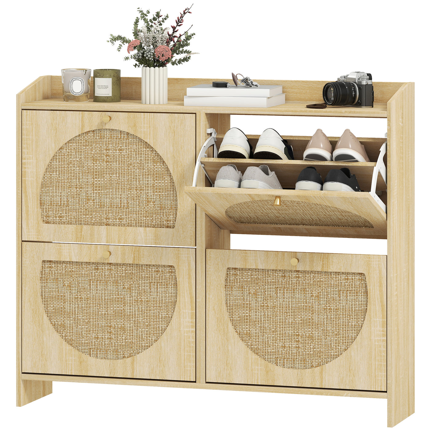 4 Flip-Drawer Shoe Cabinet, Shoe Storage Cabinet with Rattan Doors and Adjustable Shelves, Holds 16 Pairs, Natural