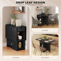 Folding Dining Table with Storage, Drop Leaf Kitchen Table with Drawer and Shelves for Small Spaces, Black