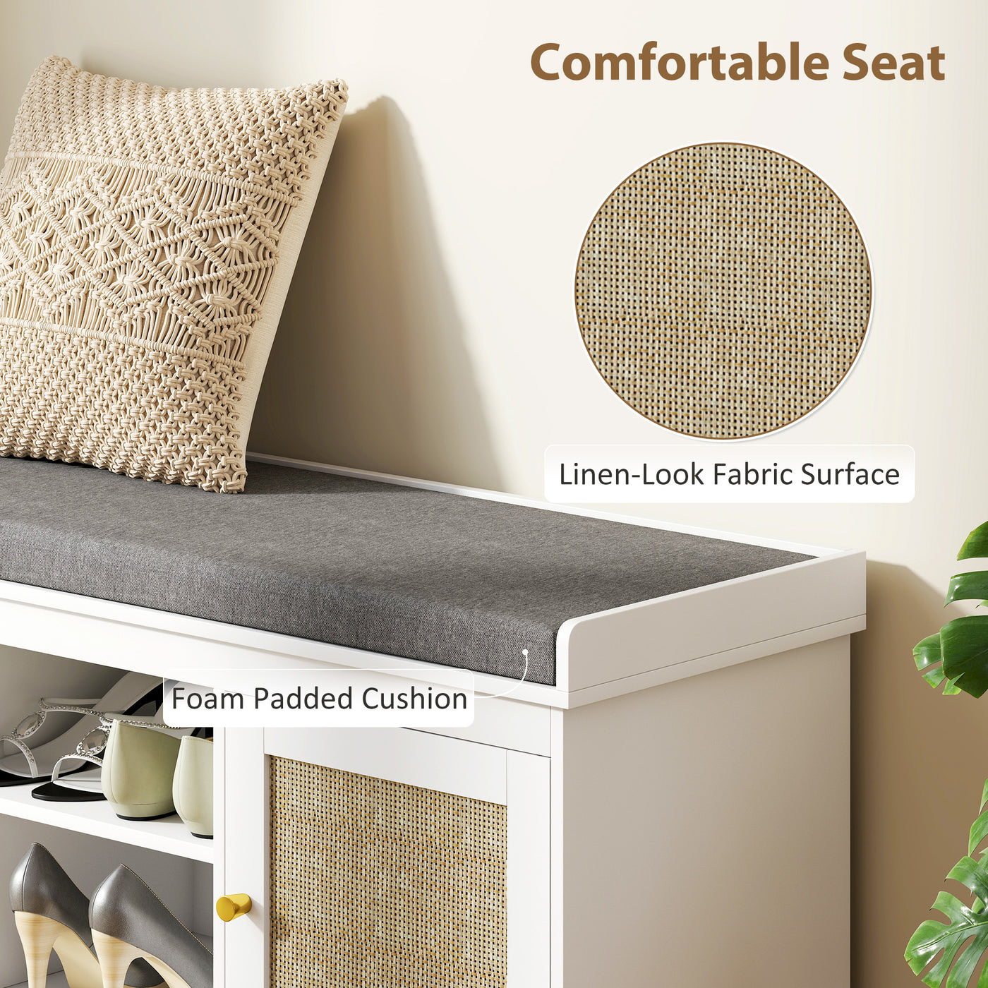 Shoe Bench with Padded Cushion, Boho Entryway Bench with Rattan Doors and Adjustable Shelves, Holds 9 Pairs, White