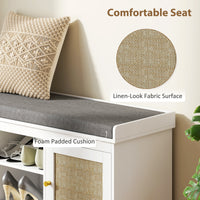 Shoe Bench with Padded Cushion, Boho Entryway Bench with Rattan Doors and Adjustable Shelves, Holds 9 Pairs, White