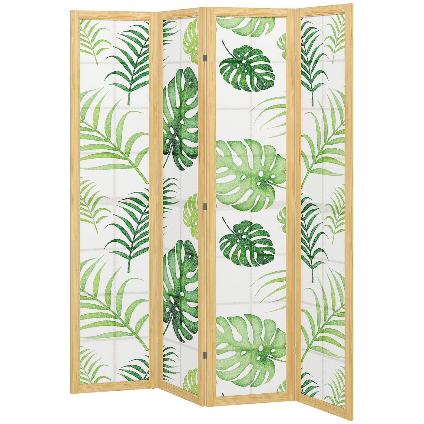 4 Panel Folding Privacy Screen, 67" Room Divider with Palm Leaf Design for Living Room Bedroom, Natural and Green