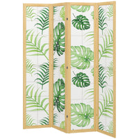 4 Panel Folding Privacy Screen, 67" Room Divider with Palm Leaf Design for Living Room Bedroom, Natural and Green