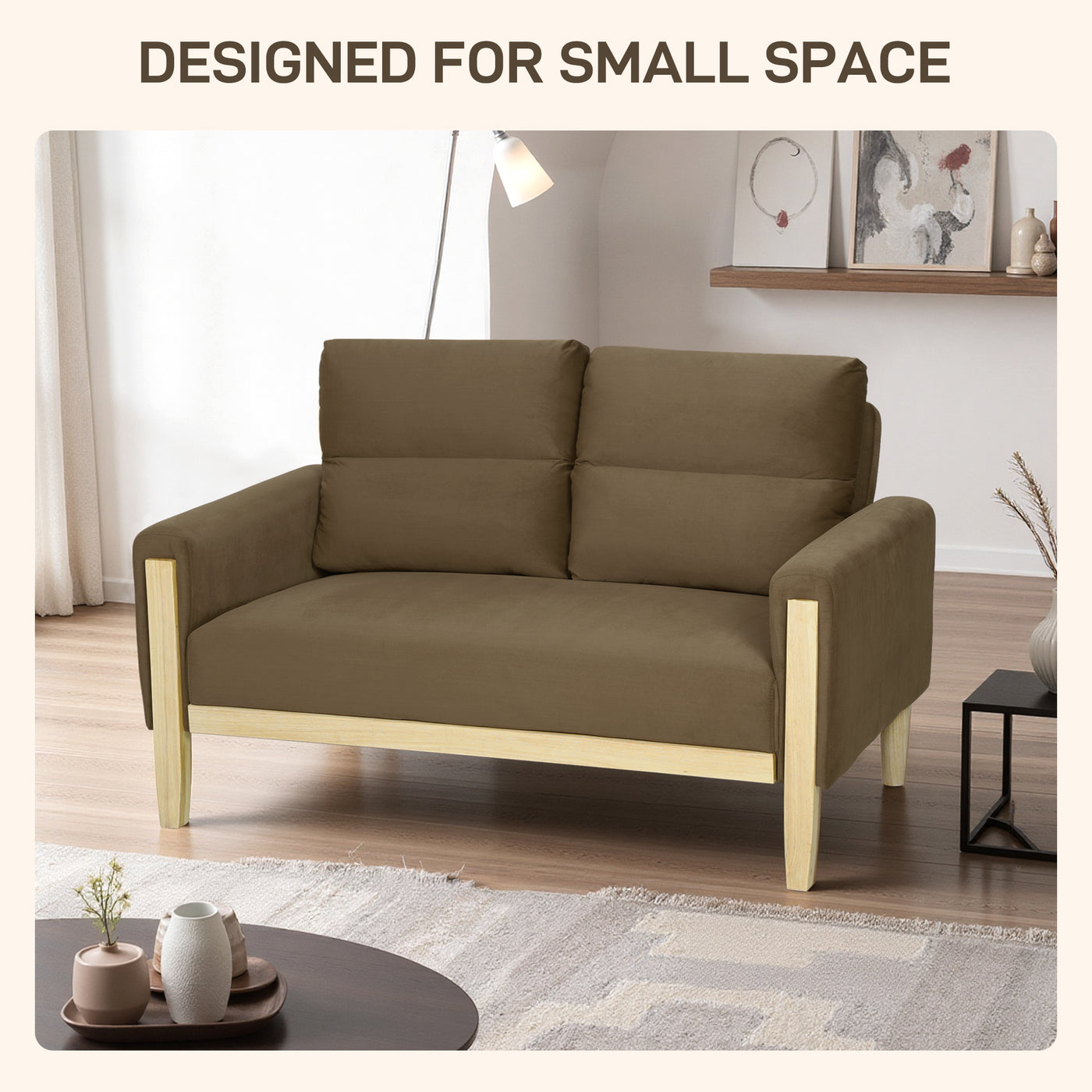 53" Loveseat Sofa, Small 2 Seater Couch with Solid Wood Legs, Modern Velvet Sofa for Living Room, Small Spaces,Brown