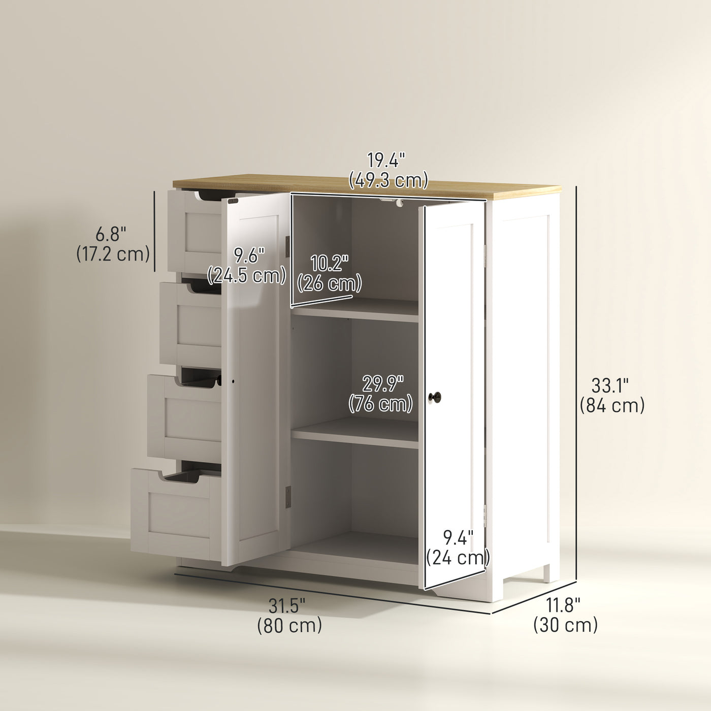 Freestanding Bathroom Floor Cabinet, Modern Bathroom Cabinet with Adjustable Shelf, 4 Drawers and 2 Doors, White