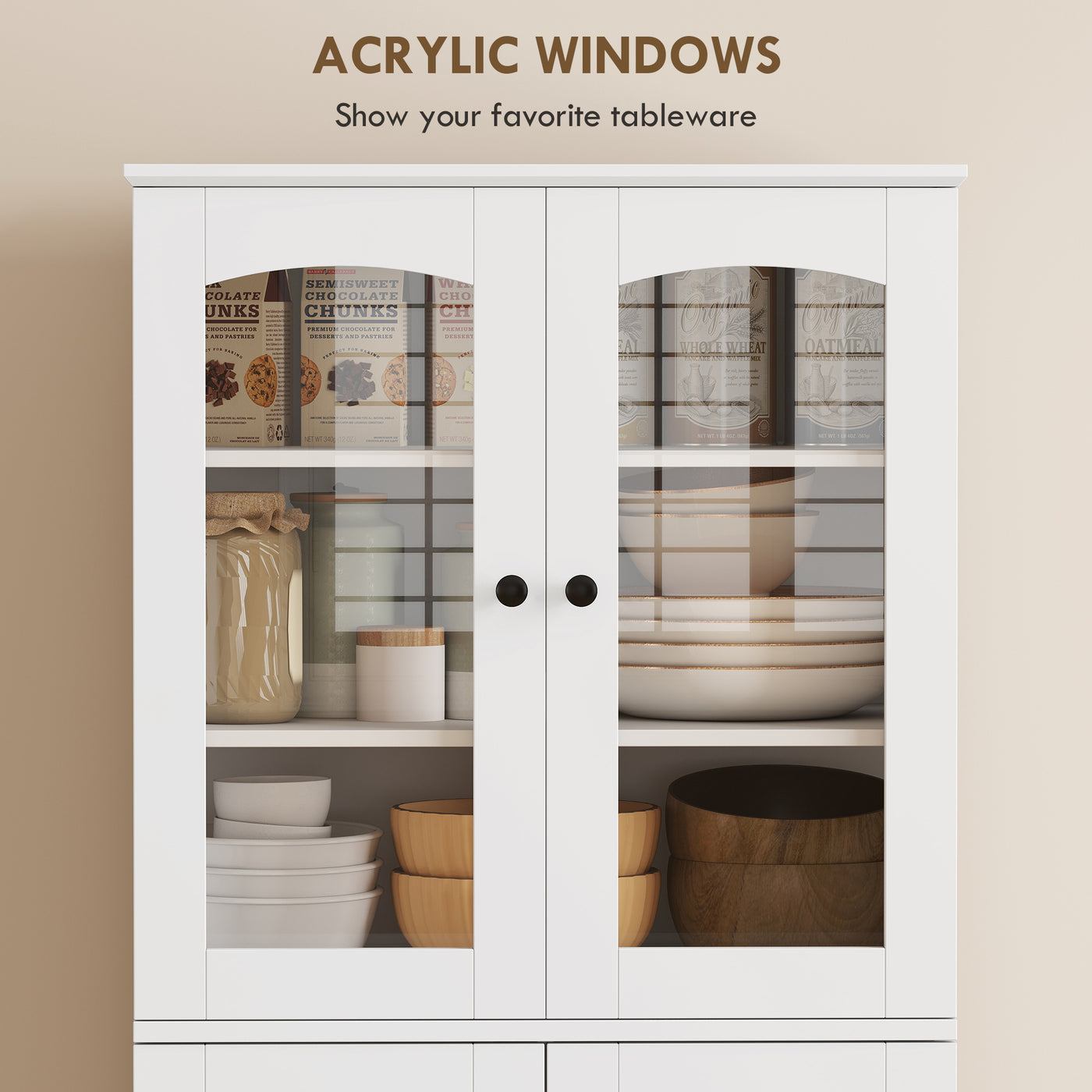 64" Tall Kitchen Pantry Cabinet, Kitchen Cabinet with Soft-Close Acrylic Doors, 10 Shelves, 8 Door Racks, White