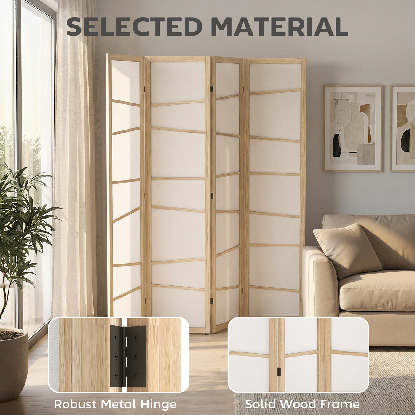 66.9" Folding Room Divider, 4 Panel Wall Partition with Wood Frame for Bedroom, Home Office, Natural Wood