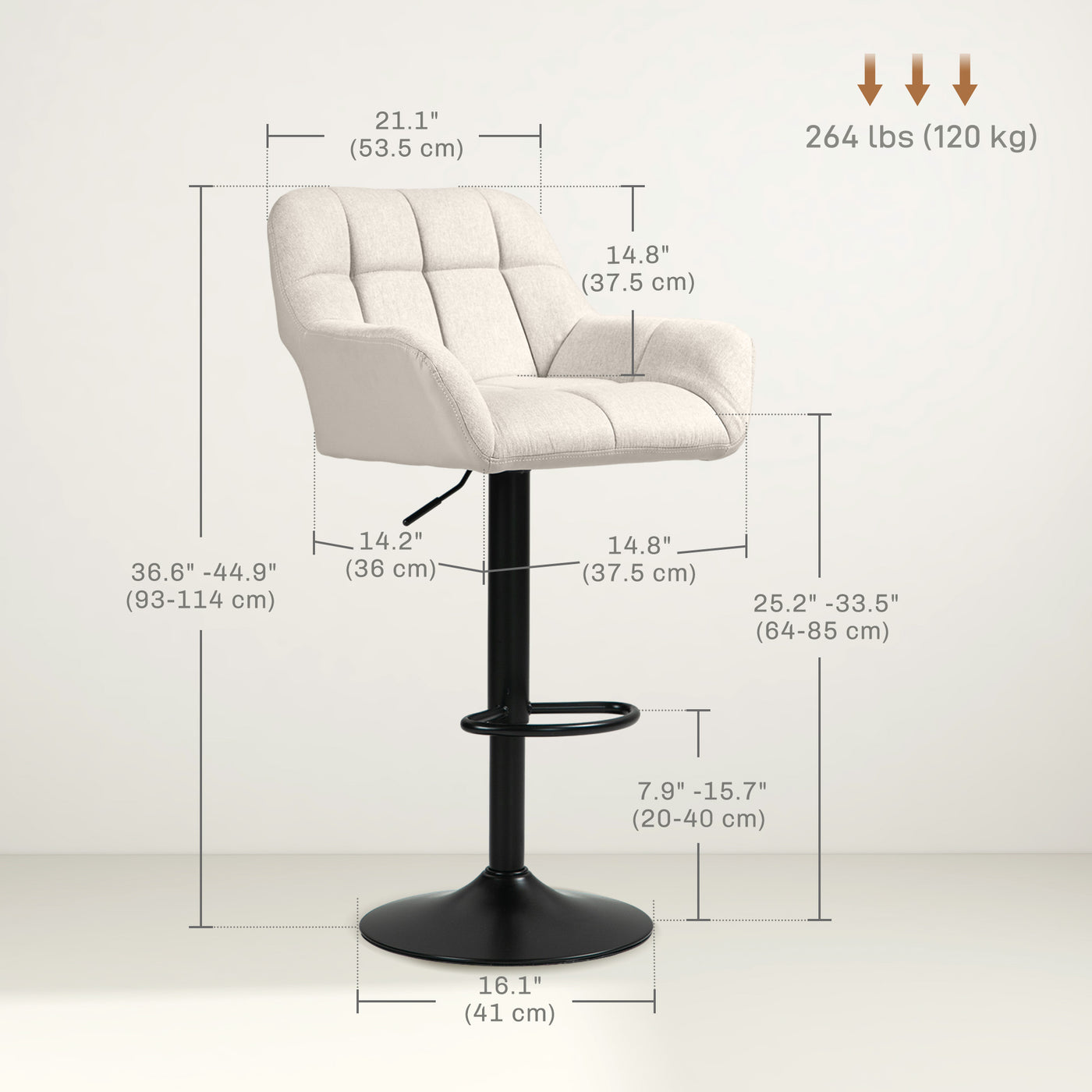Swivel Barstools Set of 2 Adjustable Bar Stools with Footrest Armrests and PU Leather Back for Dining Room Cream White