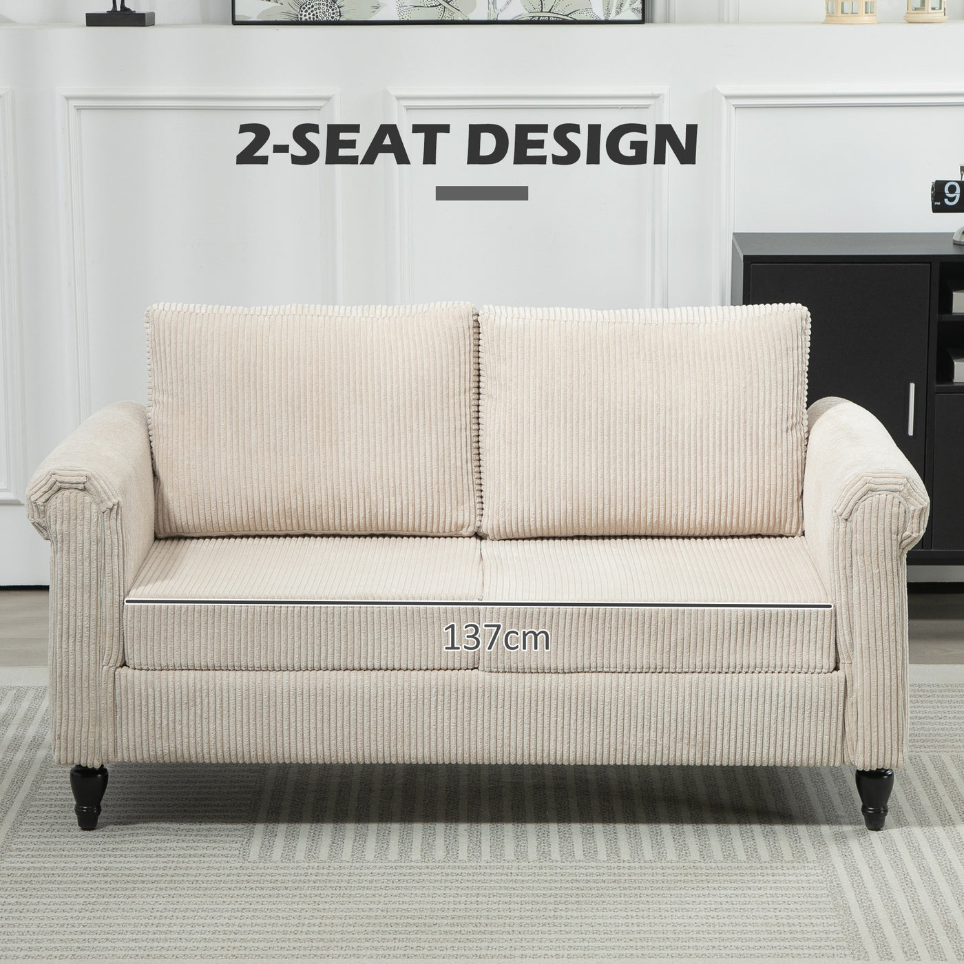 Vintage Loveseat, Upholstered Love Seat Furniture, Fabric 2 Seater Sofa with Rolled Arms, Rubber Wood Legs, Beige