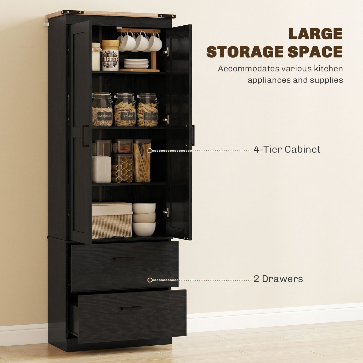 67" Tall Kitchen Pantry Storage Cabinet, Kitchen Pantry Cabinet with Doors, Drawers and Adjustable Shelves, Black