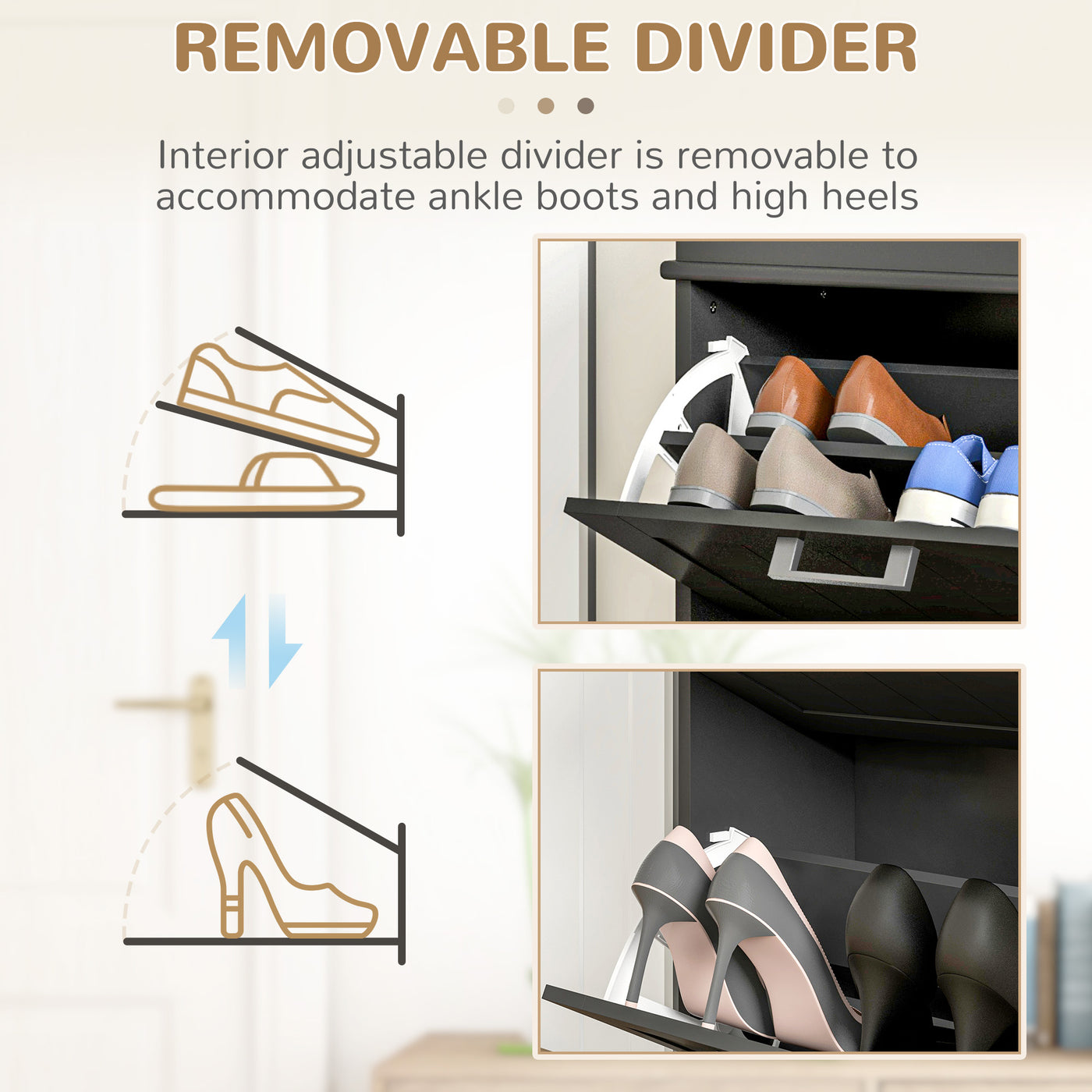 Shoe Storage Cabinet with 2 Flip Drawers and Adjustable Shelves, Narrow Shoe Cabinet for 10 Pairs of Shoes, Black