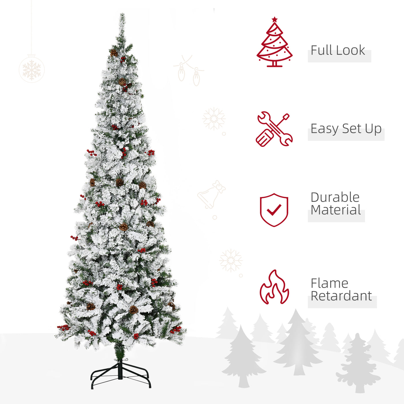 7.5 Foot Pencil Snow Flocked Artificial Christmas Tree with 950 Pine Realistic Branches, Pine Cones, Red Berries, Auto Open, Green