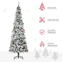 7.5 Foot Pencil Snow Flocked Artificial Christmas Tree with 950 Pine Realistic Branches, Pine Cones, Red Berries, Auto Open, Green