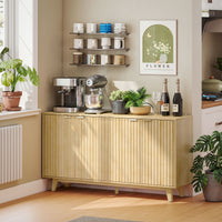 Fluted Sideboard Buffet Cabinet, 55" Coffee Bar Cabinet with 4 Doors, 2 Adjustable Shelves, 5 Wood Legs, Nature Wood