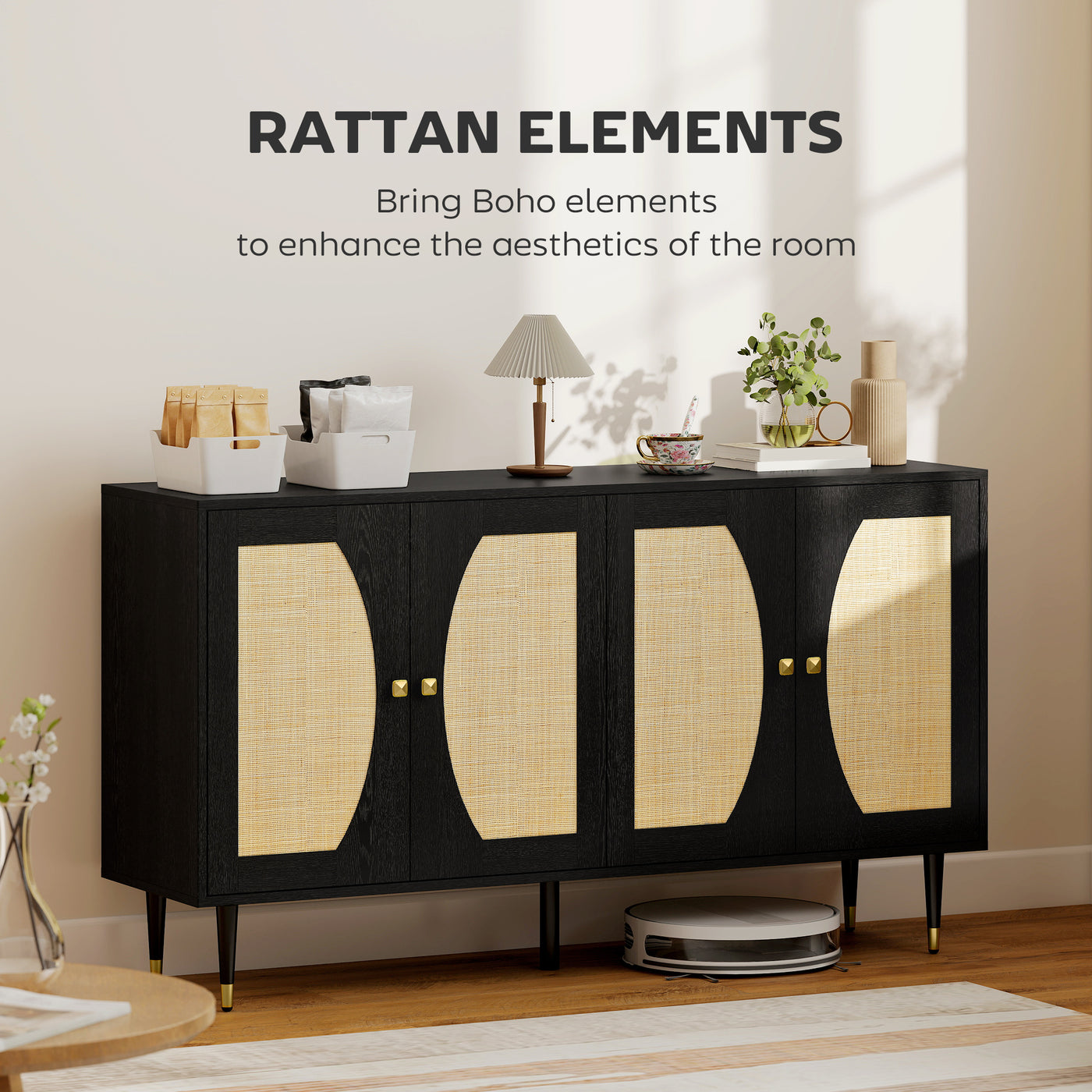 55" Sideboard Buffet Cabinet, Boho Storage Cabinet with Adjustable Shelves, Soft Close Doors and Rattan Front, Black