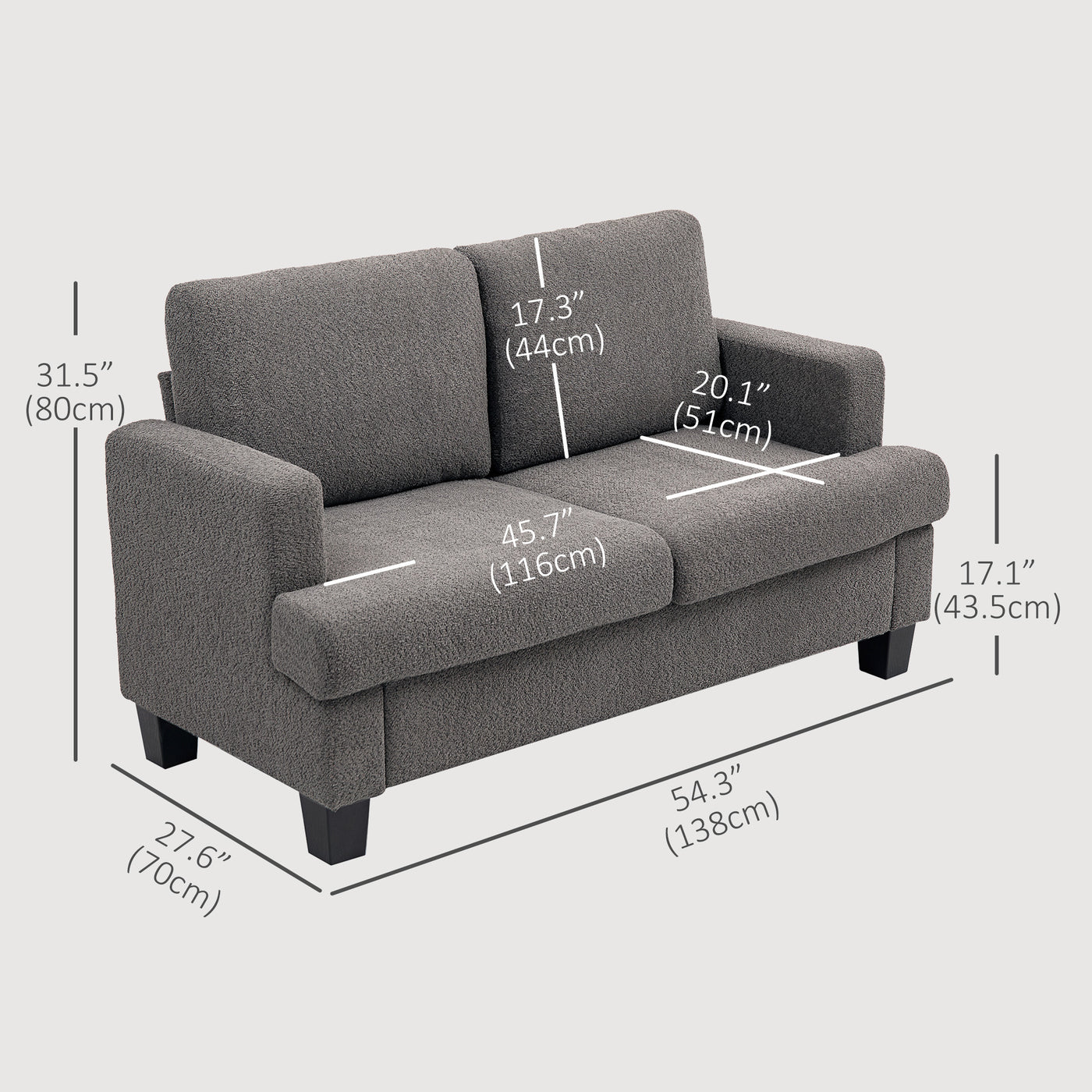 54.3" Loveseat Sofa, 2 Seater Sofa with Removable Cushions, Small Couch with Solid Wood Frame for Living Room, Dark Grey