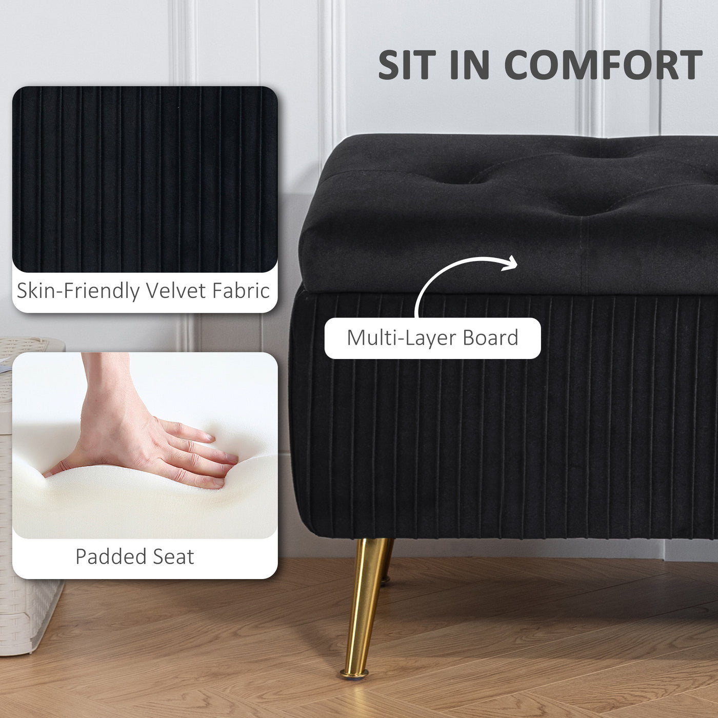 Storage Ottoman Bench, 43 Inch Large Storage Chest with Steel Legs and Padded Seat, Foot Rest, Load 485 lbs, Black