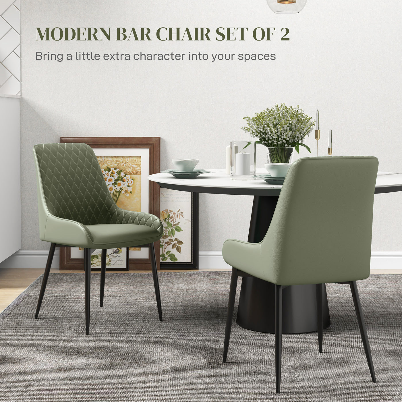 Upholstered Kitchen Chairs, Modern Dining Chairs Set of 2 with Diamond Tufting and Steel Legs for Dining Room, Green