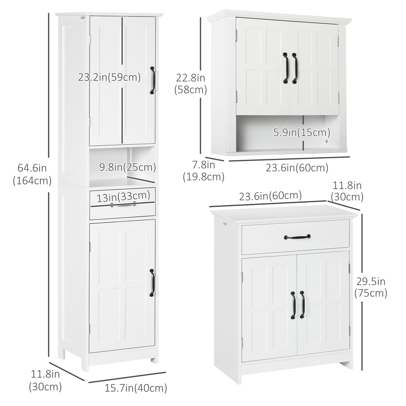 3-Piece Bathroom Furniture Set, Modern Bathroom Storage Cabinet with Drawers and Shelves, Tall and Small Floor Cabinets, Wall-mounted Medicine Cabinet, White
