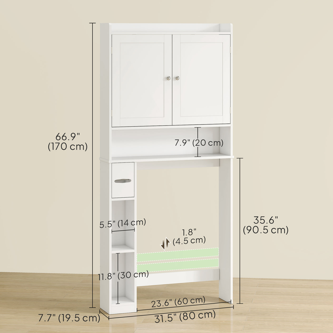 Modern Over the Toilet Storage Cabinet with 2 Doors, Above Commode Storage Cabinet with Toilet Paper Holder, White