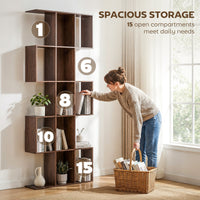 5-Tier Bookshelf, S Shaped Geometric Bookcase with 15 Compartments, Brown Wood Grain