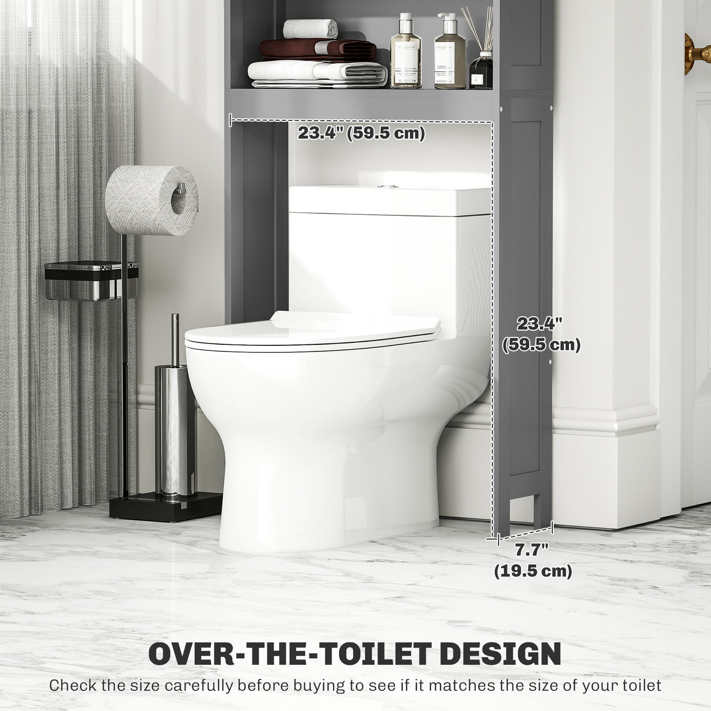 Modern Over The Toilet Storage, Bathroom Cabinets Over Toilet with Open Shelves and Double Door Cabinet, Grey