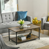 Industrial Coffee Table with Storage Shelf, 2-tier Center Table for Living Room, Rustic Brown
