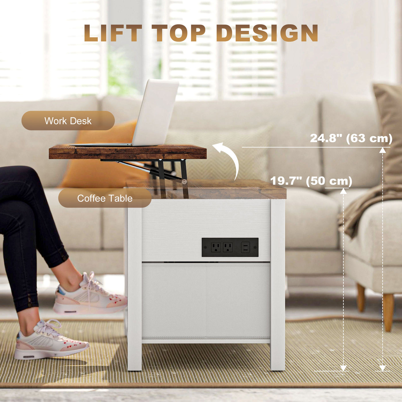 Lift Top Coffee Table, Center Table with 3 Hidden Compartments, 2 Fabric Drawers, Expandable Top and Charging Station