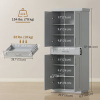 72" Storage Cabinet, Freestanding Kitchen Pantry Cabinet with 4 Doors, Drawer and 3 Adjustable Shelves, Grey