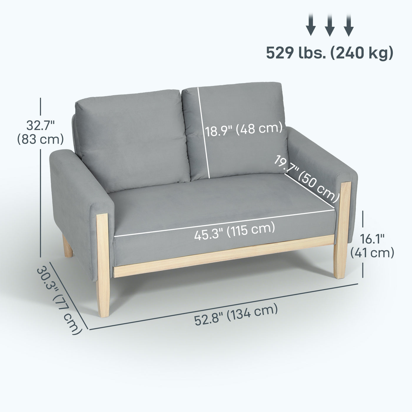 53" Loveseat Sofa, Small 2 Seater Couch with Solid Wood Legs, Modern Velvet Sofa for Living Room, Small Spaces, Grey