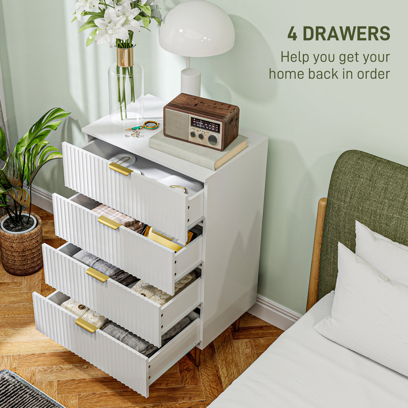 Modern Chest of Drawers 4 Drawer Dresser for Bedroom with Gold Legs and Handles, White