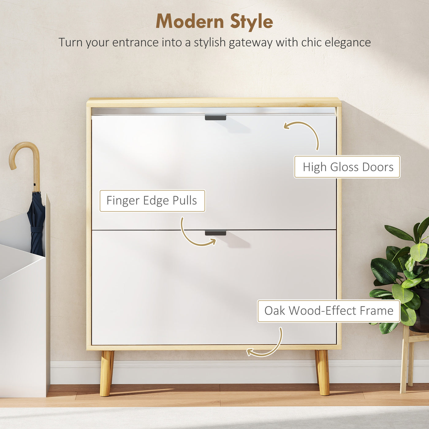 Narrow Shoe Cabinet, High Gloss Shoe Storage Cabinet with 2 Flip Drawers and Adjustable Shelves, Holds 16 Pairs, White