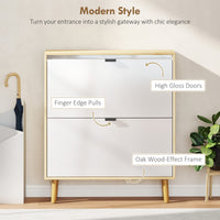 Narrow Shoe Cabinet, High Gloss Shoe Storage Cabinet with 2 Flip Drawers and Adjustable Shelves, Holds 16 Pairs, White