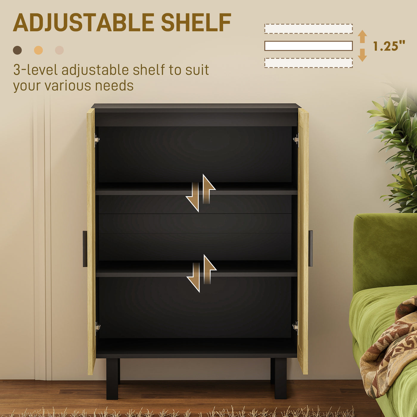 Boho Sideboard, Buffet Cabinet with Storage, Accent Cabinet with 2 Rattan Doors and Adjustable Shelves, Black