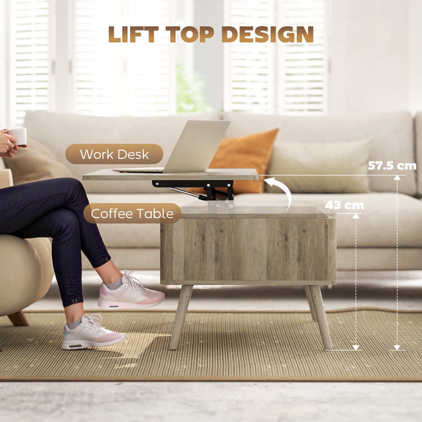 Lift Top Coffee Table with Storage, Center Table with Hidden Compartments and Pine Wood Legs for Living Room, Oak