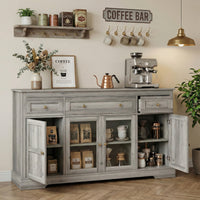Dining Room Sideboard Buffet Cabinet with Storage, Coffee Bar Cabinet with Glass Doors and Adjustable Shelves, Weathered Grey Oak