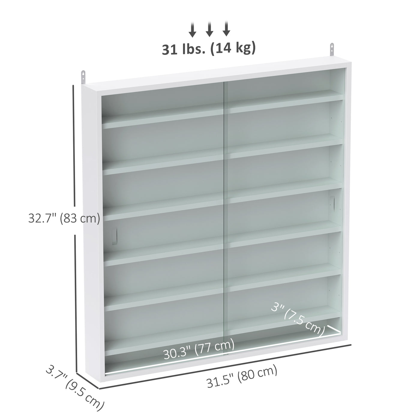 7-Tier Display Cabinet, Shot Glass Display Case, Glass Curio Cabinet with 2 Glass Doors and 6 Adjustable Shelves, White