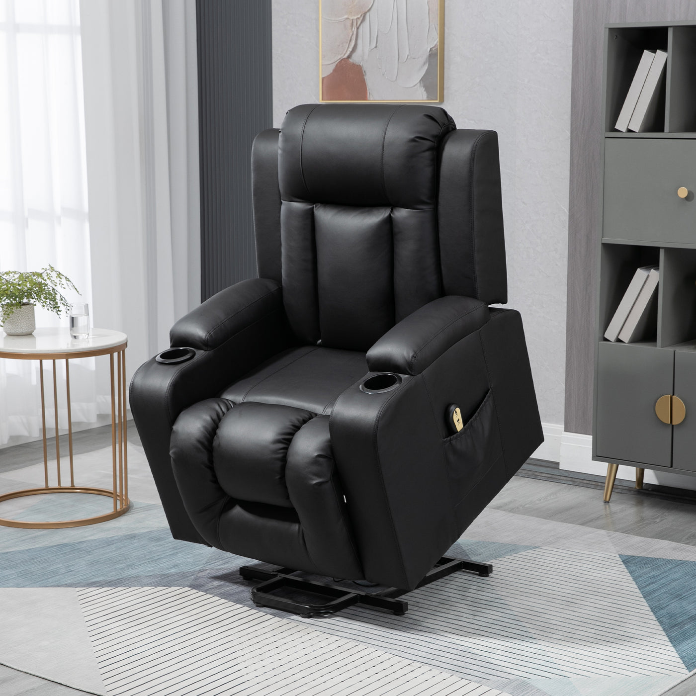 Power Lift Recliner Chair for Elderly, PU Leather Electric Recliner Chair with Footrest, Remote Control, Side Pockets and Cup Holders for Living Room, Black