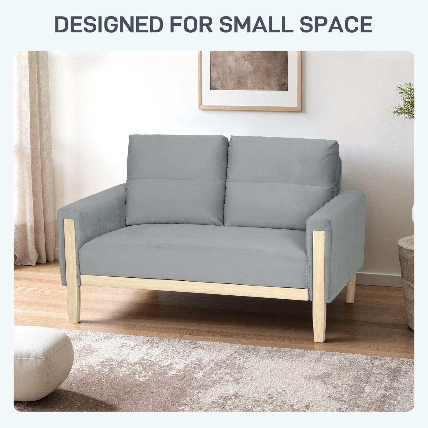 53" Loveseat Sofa, Small 2 Seater Couch with Solid Wood Legs, Modern Velvet Sofa for Living Room, Small Spaces, Grey