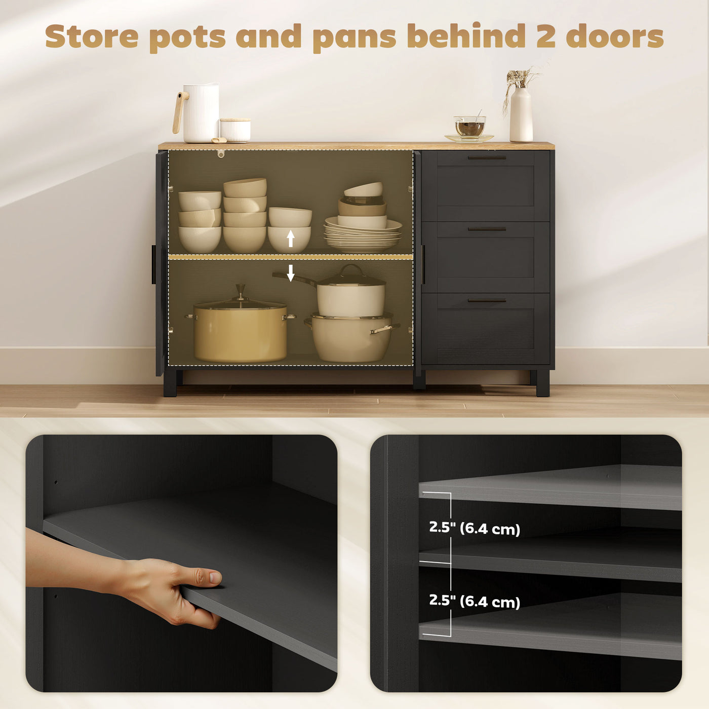 Buffet Cabinet with Soft-Close Doors, Modern Sideboard with 3 Drawers for Living Room, Kitchen, Dining Room, Black