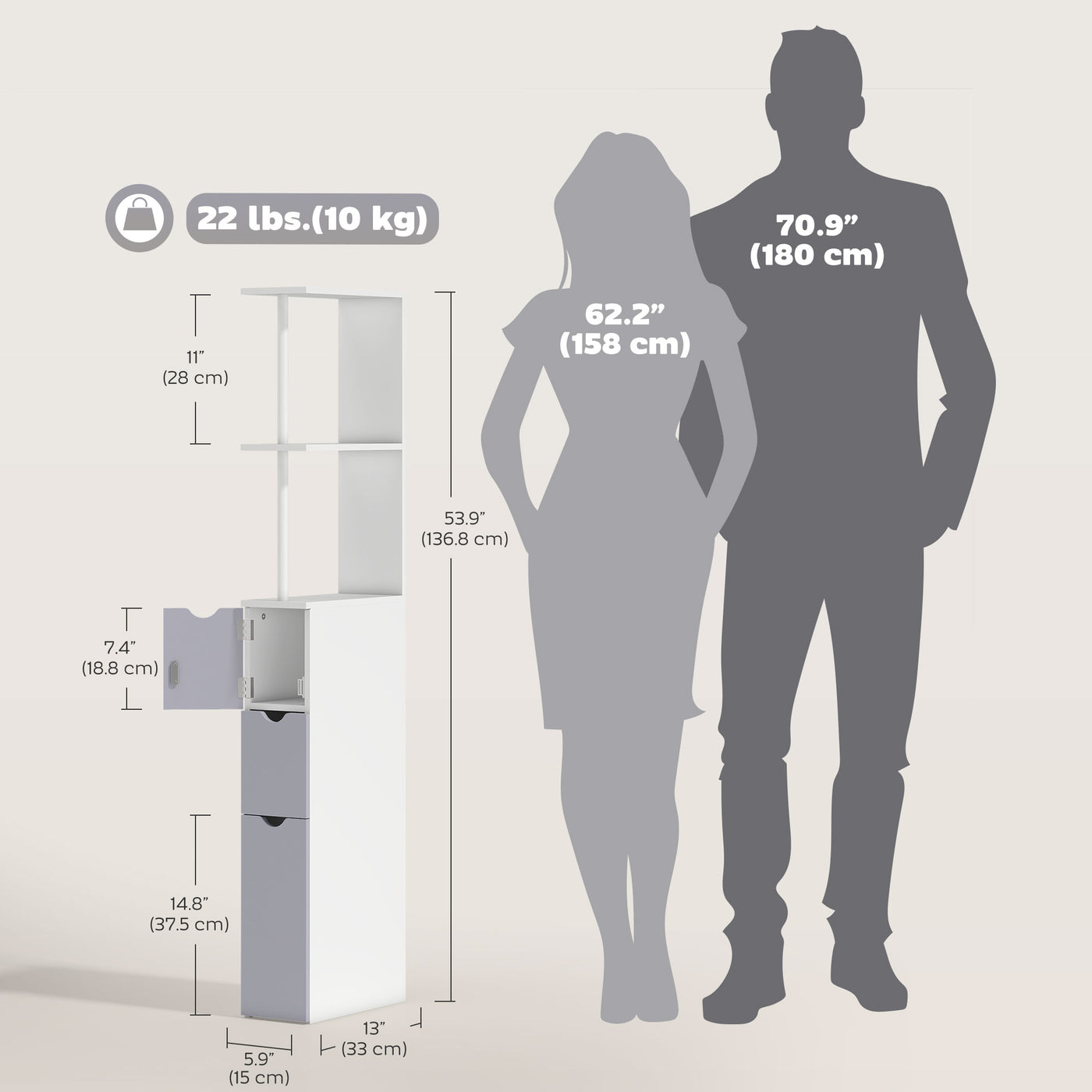 Tall Bathroom Storage Cabinet, Narrow Bathroom Cabinet with Drawers and Open Shelves for Small Spaces, White and Grey