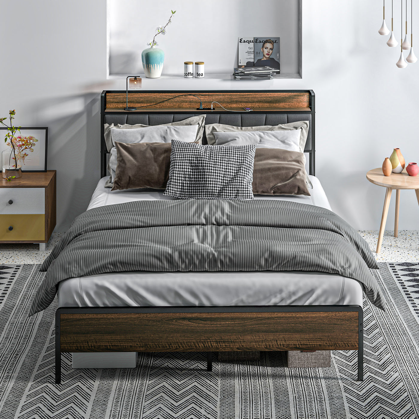 Full Size Bed Frame with Charging Station, Full Bed Frame with Upholstered Headboard and Storage Shelf, Walnut