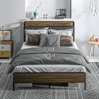 Full Size Bed Frame with Charging Station, Full Bed Frame with Upholstered Headboard and Storage Shelf, Walnut